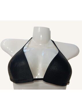 Sappho Black Textured Triangle Bikini Top With Halter Ties & Padded Cups